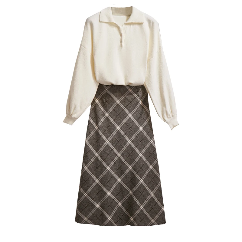 

long sleeve sweater top design & tall waist grid fall A word skirt long skirts students uniform knitwear Korea fashion vestido