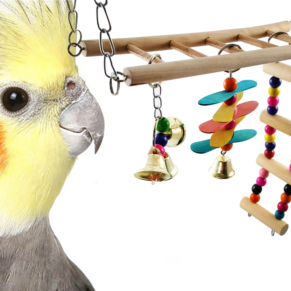 Pet Птица Попугай красочные деревянные качели подъемная лестница колокольчики