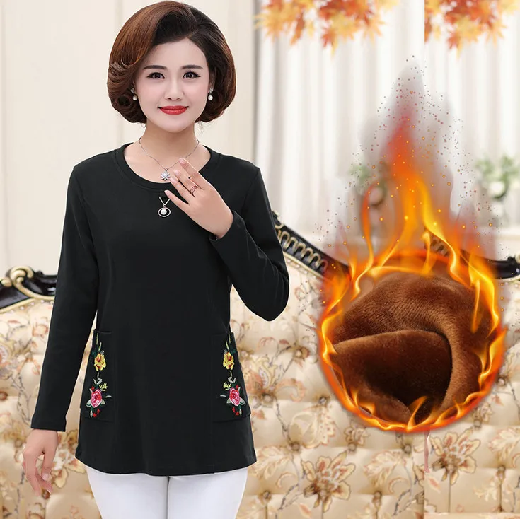 warm tops fall winter women thick long sleeves t-shirts velvet jersey plus size middle age mother shirt pulloves bottoming shirt - Цвет: velvet black 8291