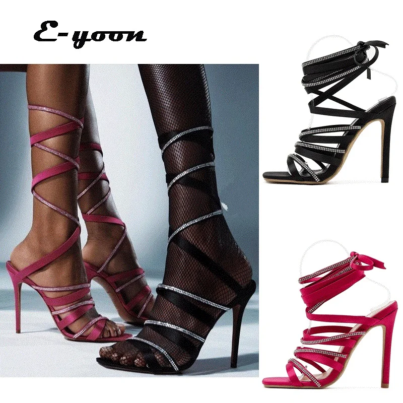 

2021 Summer New Style Roman Rhinestone Satin Cross Strap Open Toe Stiletto Super Heel Sandals Plus Size Women Sandals