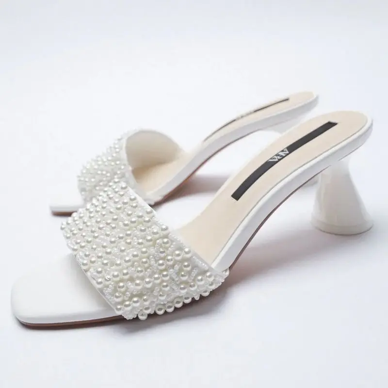 

ZAR 2021 Summer New Black Fashion Square Toe High Heels Beaded Sexy Outer Wear Stiletto Muller Sandals And Slippers Women Luxury
