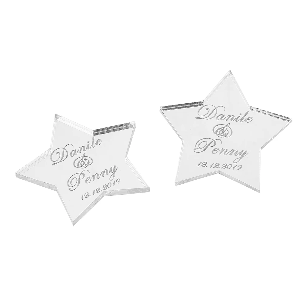 

10Pcs * Personalized Engraved Mirror Star Wedding Tags Silver Baptism Name Tag Sculpture Party Gifts Baby Shower Gift Favor