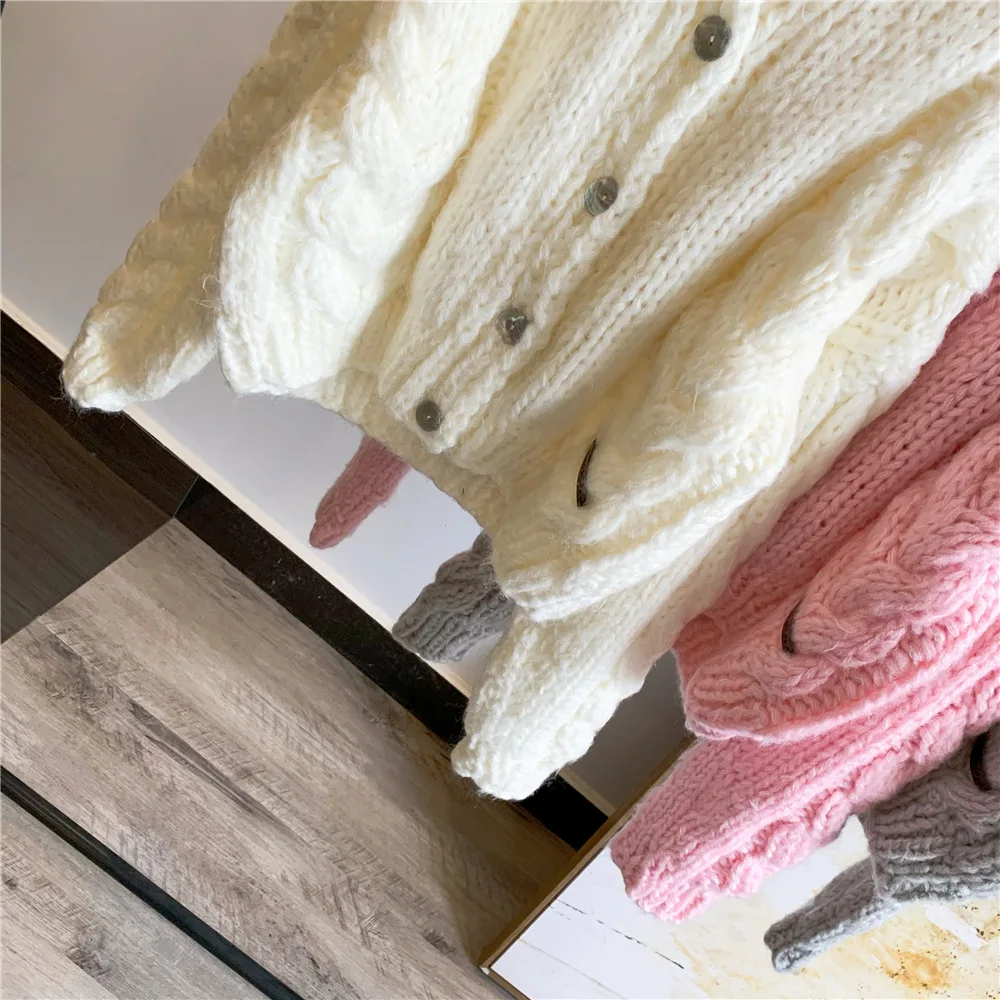 

Winter New Twist Thick Knitted Cardigan Short Long Sleeve O-neck Knitting Sweater Casual Female Solid Color Tops Cc22