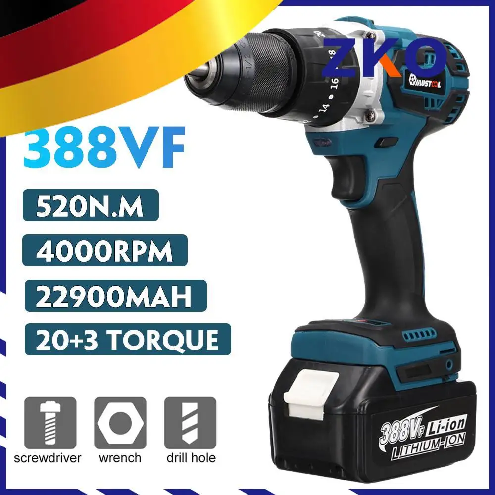 

MUSTOOL 3 IN 1 388VF 13mm Brushless Electric Drill Screwdriver Hammer Rechargeable Cordless Impact Drill for Makita 18V Battery