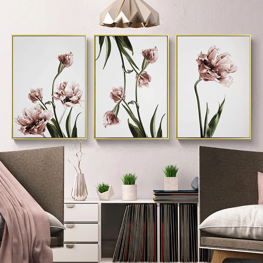 

Pink Tulip Green Leaf Flowers Wall Art Canvas Painting Posters and Prints Wall Pictures for Living Room Decoration New Arrival