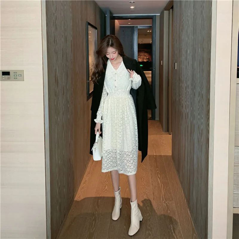 

High Quality New Design Lace Maxi Pleated Long Dress Vintage Elegant for Women Spring 2021 Party A-line Beige Short Dress Girls