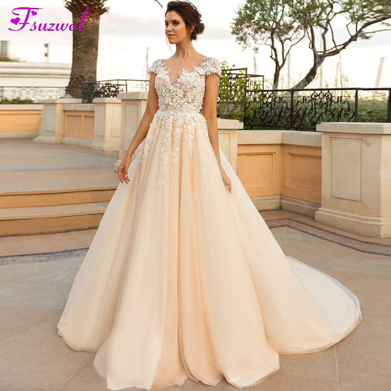 

Fsuzwel New Elegant Scoop Neck Cap Sleeve Bride A-Line Wedding Dress 2020 Luxury Appliques Flowers Beaded Princess Wedding Gown