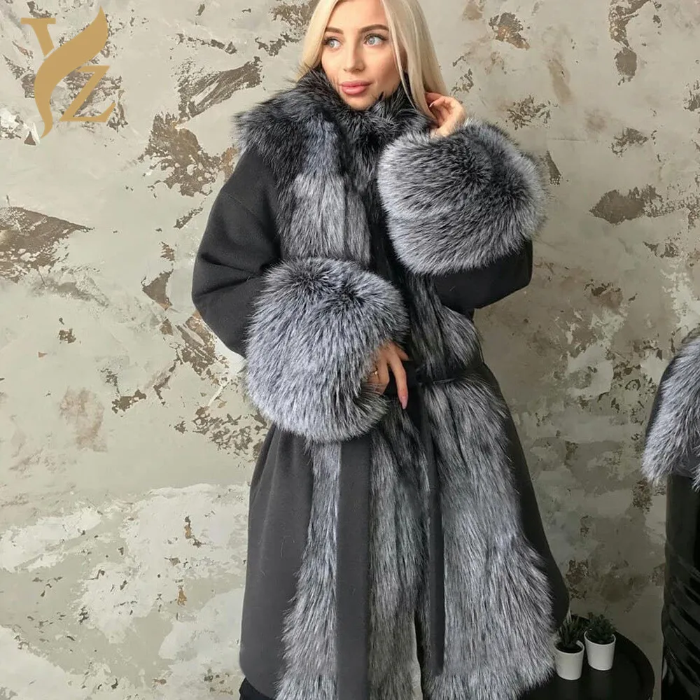 Женское пальто с лисьим мехом осенне-зимние элегантные однотонные пальто женская верхняя одежда шерстяная теплая тонкая куртка горячая распродажа