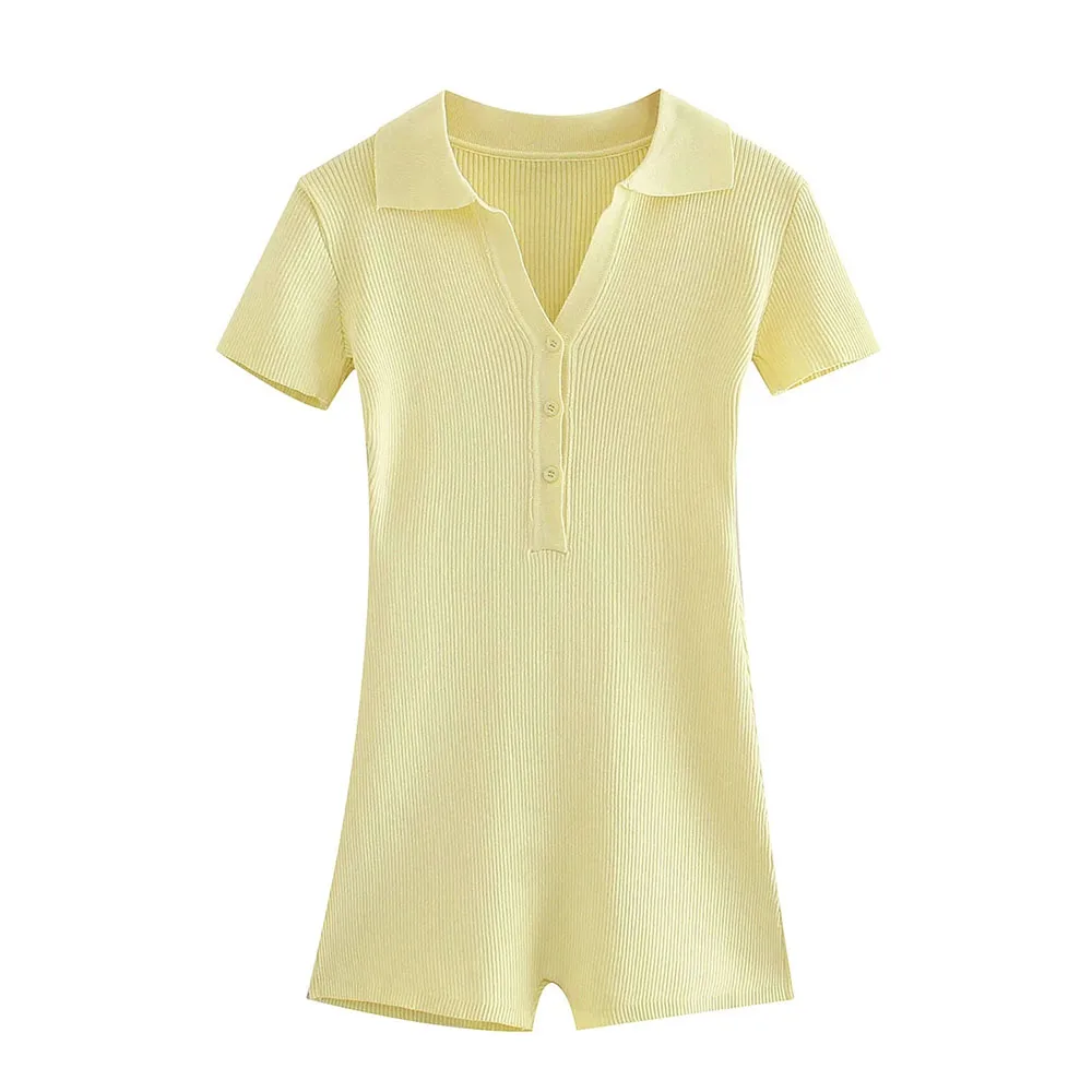

DYLQFS 2021 Summer Women Streetwear Polo Collar Solid Slim Knitted Jumpsuit Female Casual Vintage Short Sleeve Chic Playsuits