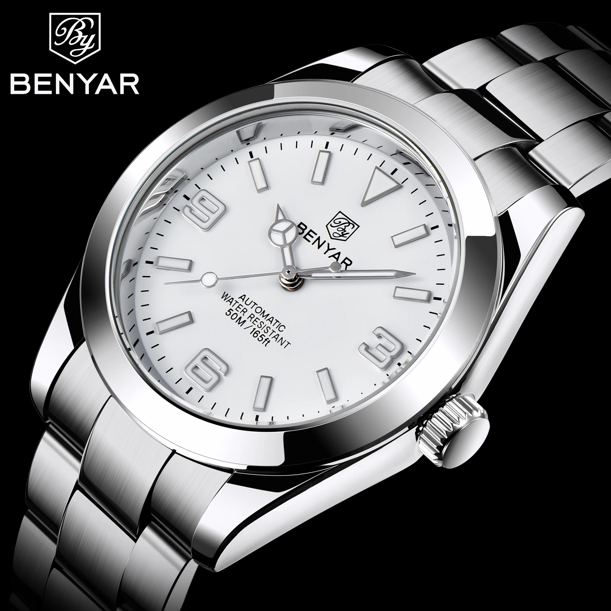 BENYAR Men Automatic Mechanical Watch Business 50M Waterproof White Fashion Top Brand Male Clock Reloj Hombre 2022 BY5177
