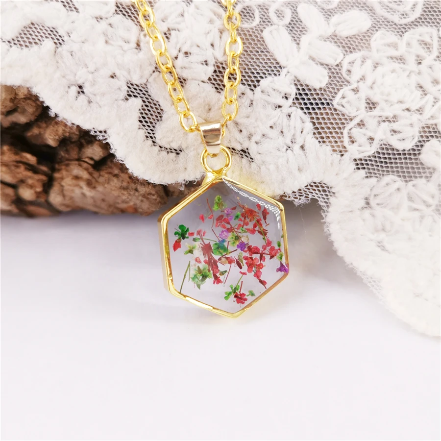 Natural Real Dried Flower Oval Charms Pendant Necklace Four Leaf Clover Boho Gold Chain for Women Gift Vintage Jewelry | Украшения и