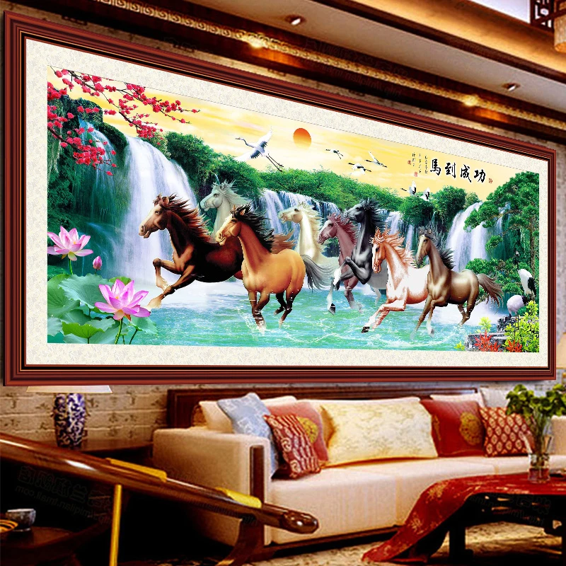 

11CT Embroidery Printed Landscape Painting Green Hills Green Waters Cross Stitch Kits Printed Fabric Horse Cross-Stitch Set