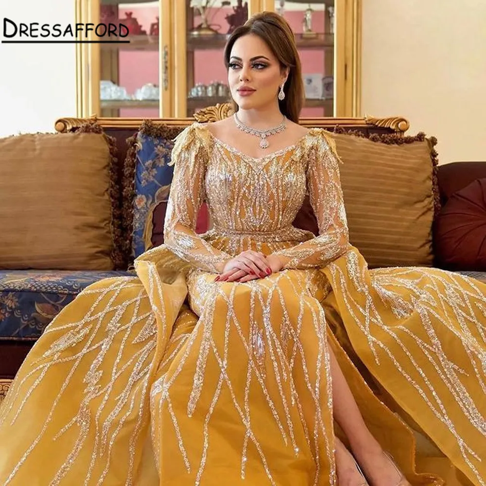 

Роскошные блестящие вечерние платья Gold Dubai 2022, платья с длинным рукавом и бисером, изготовленные на заказ