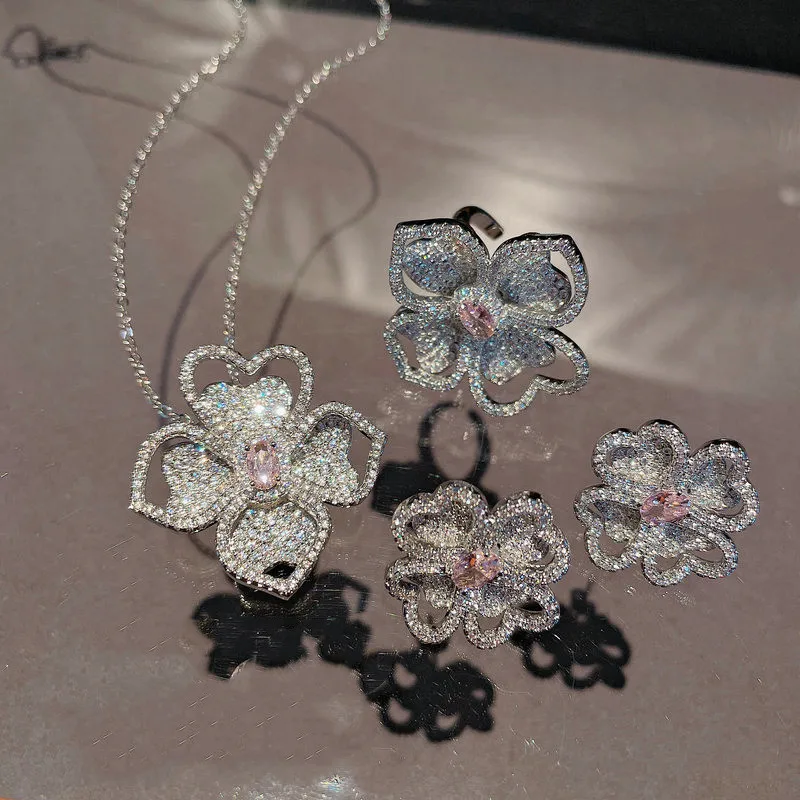

2021 New Trend Jewelry Sets 925 Silver Color Flower Brilliant Cubic Zirconia Ring Earring Necklace Women's Wedding Jewelry Gift