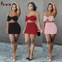 prowow sexy women dress suit bow corset tops summer two piece matching set 2021 new solid color plus size streetwear outfits