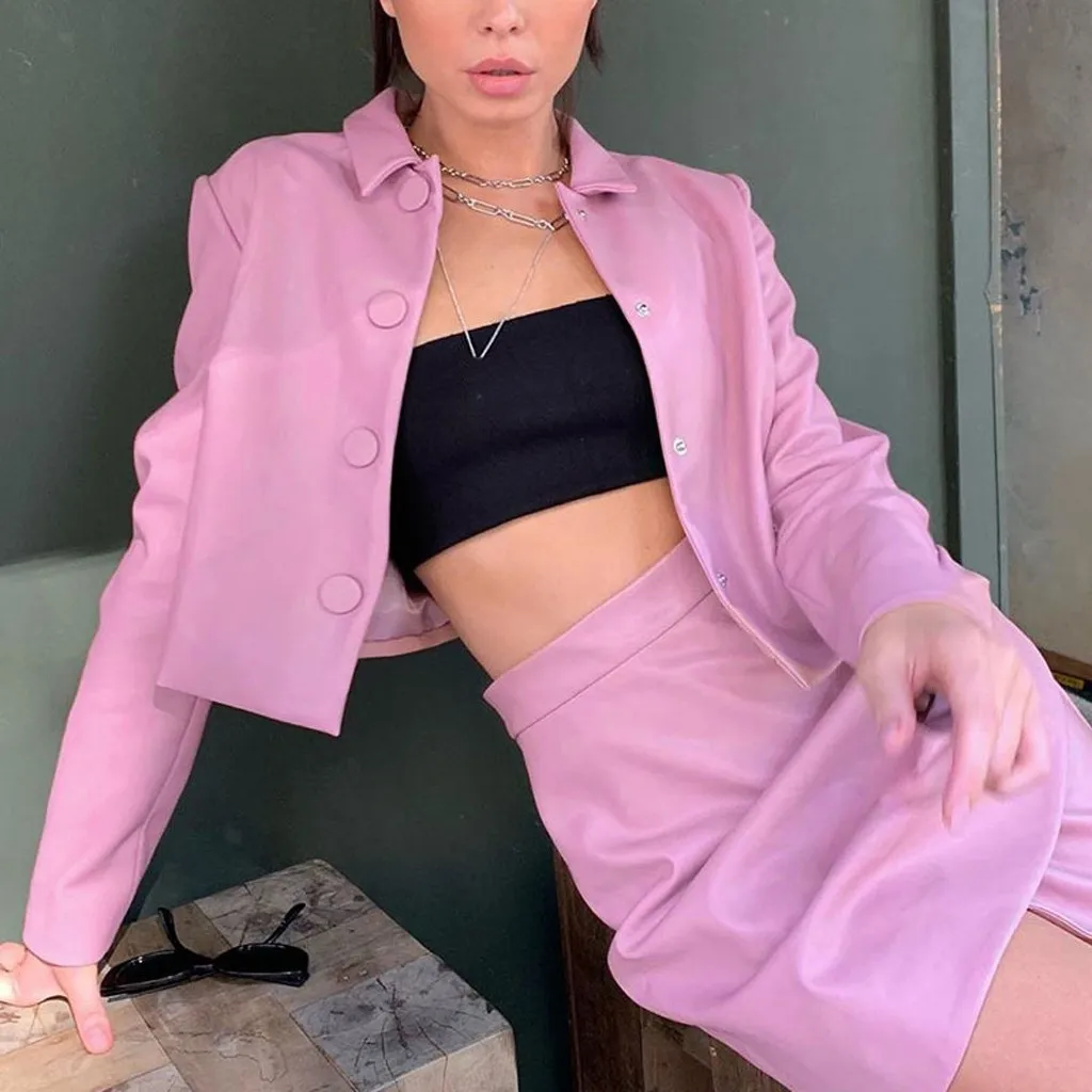 Женские комплекты повседневный сексуальный кожаный короткий пиджак на