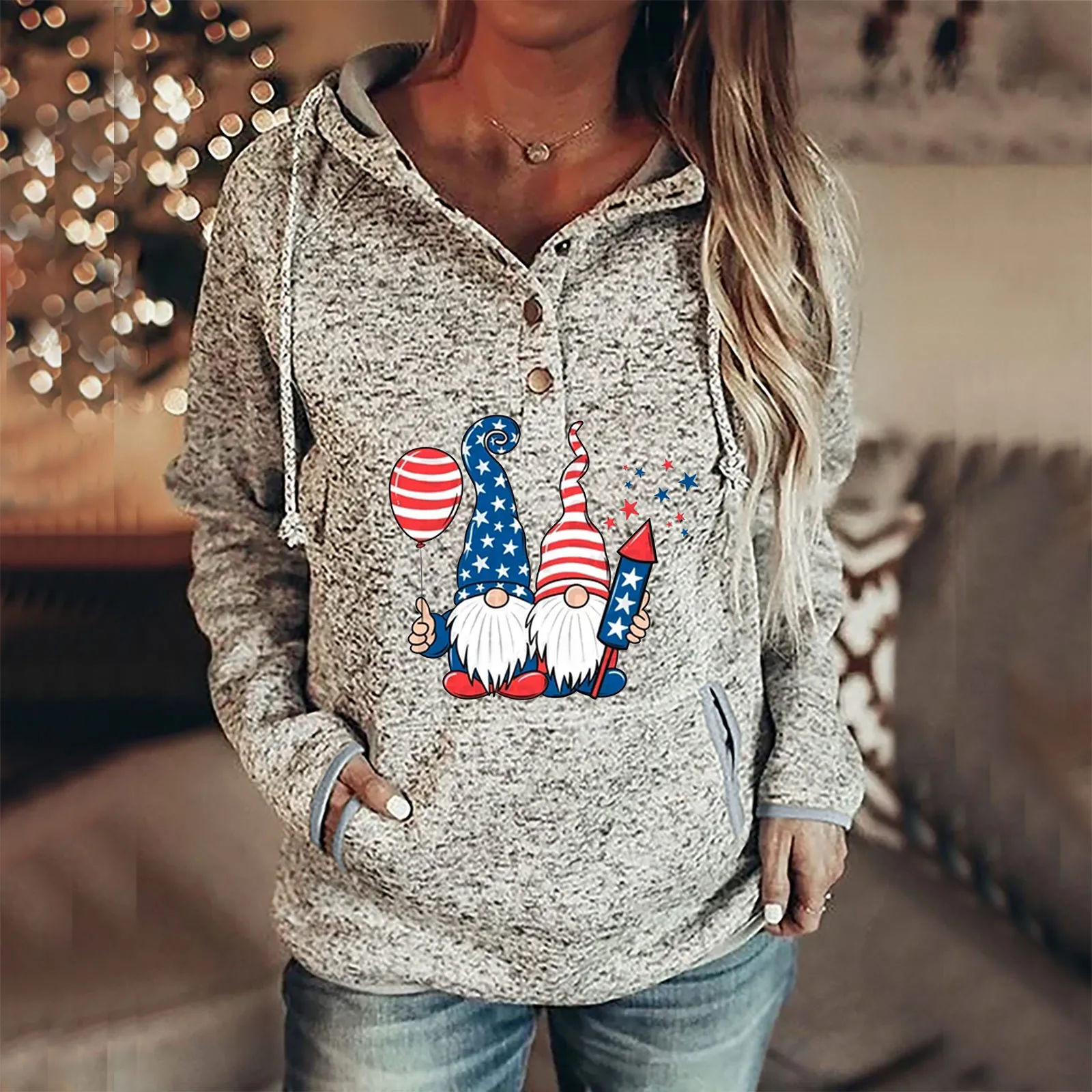 

Толстовки, Женский пуловер, топ, свитшоты с рождественским принтом на пуговицах, длинными рукавами и карманами, хлопковые толстовки, женска...