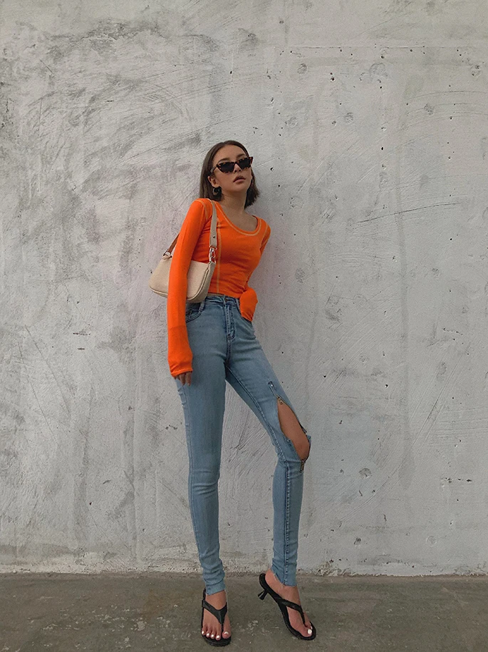 Новинка 2019 модная женская одежда джинсы на молнии облегающие колготки брюки