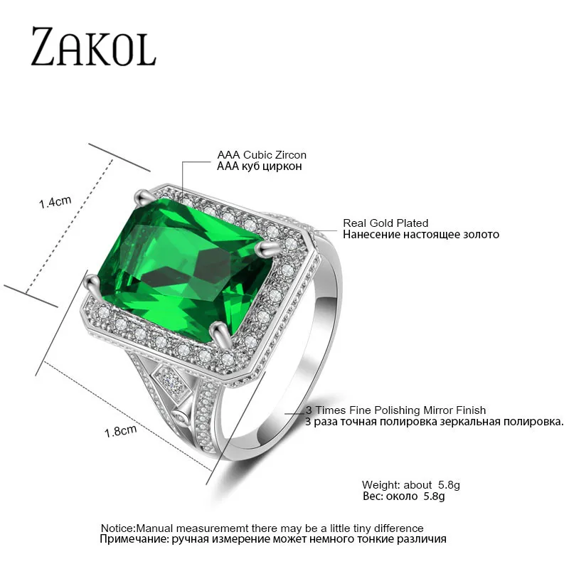 ZAKOL роскошные женские обручальные кольца с большим зеленым квадратным цирконием и кристаллами Bague Bijoux Femme аксессуары, обручальные кольца FSRP2029