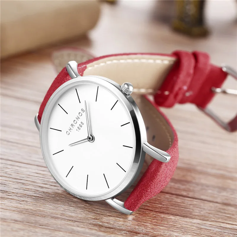 Модные брендовые женские часы Chronos с простым кожаным ремешком кварцевые золотым