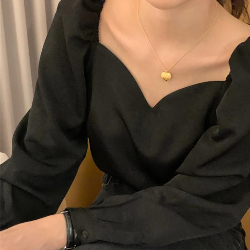 

Black Square Collar Shirt Women 2021 Spring Autumn Long Sleeve Woman Blouse Shirts Korean Style Strapless Womens Blouses Femme