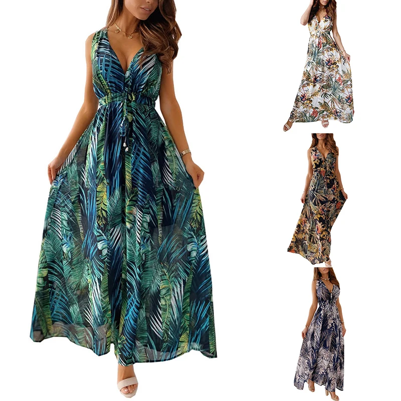 

Женское пляжное платье с цветочным принтом, свободное ТРАПЕЦИЕВИДНОЕ платье без рукавов в стиле бохо, повседневные платья, лето 2021