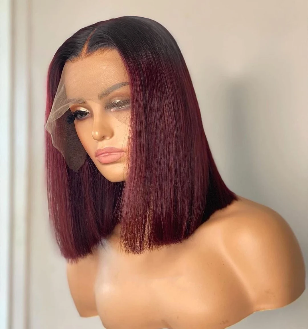 

Short Bob 13x6 Lace Front Wig 1B 99J Straight Burgundy Human Hair Wig Brazilian Remy Pre Plucked Ombre Wine Red 180 Density