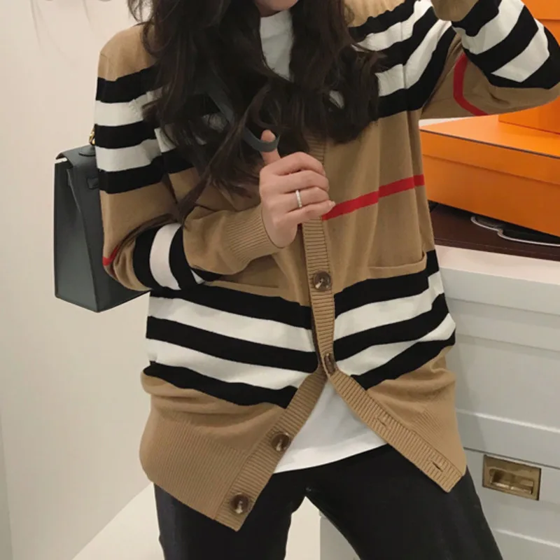 

Women's sweater women's jacket cashmere cardigan mid-length knitted jacket V-neck loose striped sweater thin ladies trench coat