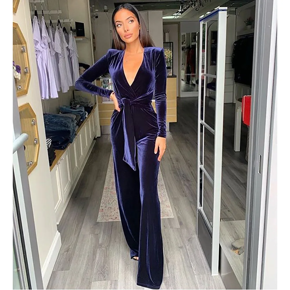 Бархатный сплошной цвет глубокий v образный вырез бандаж тонкий комбинезон