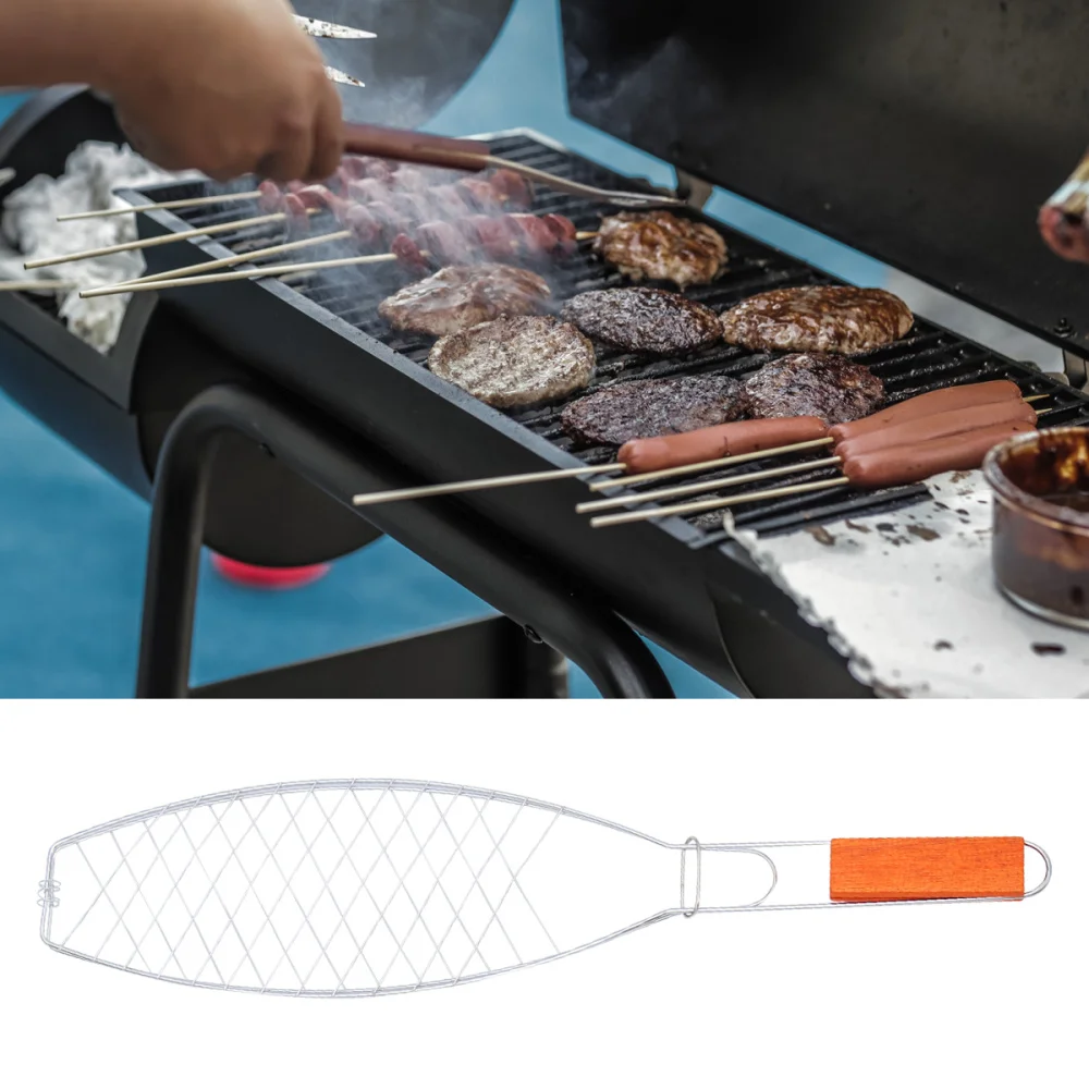 2 Pcs Metal Non-stick Mesh Clip Wooden Handle Grilled Fish Barbecue BBQ Net Outdoor Tool for Camping Picnic (Handl | Дом и сад