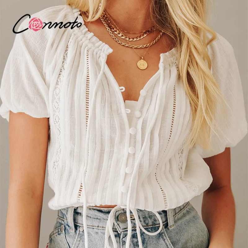 

Conmoto Casual stripe stitching drawstring strap button crop top Girlish style solid white lace puff sleeves blouses summer 2021