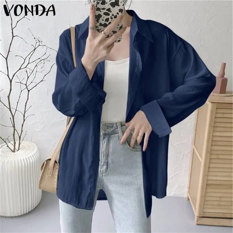 

Autumn Women Casual Lapel Collar Button Up Shirts VONDA Women Solid Color Pleated Blouse Femme Elegant Retro Bohemian Blusas