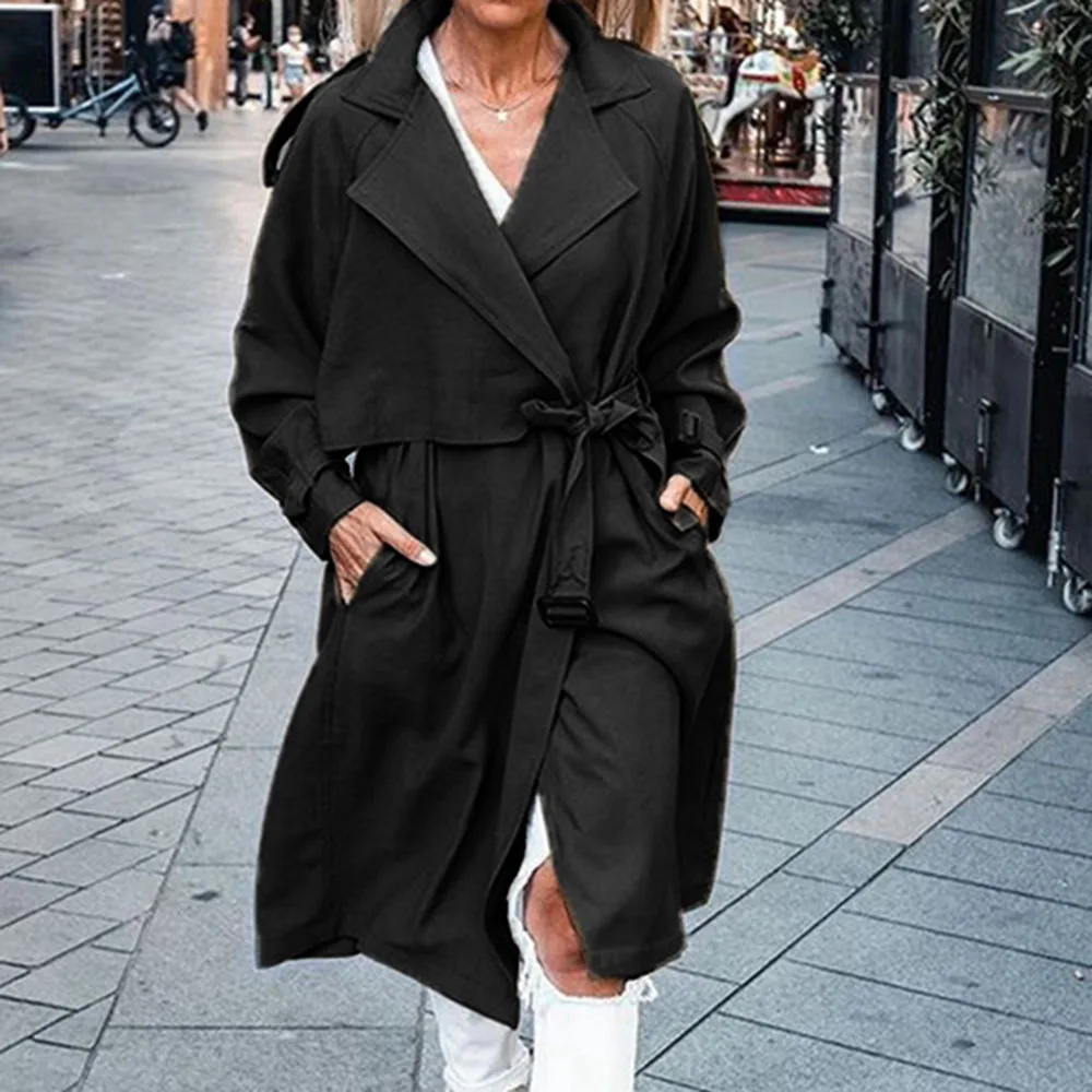 

Women Fashion Trench Coat 2021 New Autumn Winter Solid Color Lacing Lapel Long Sleeve Temperament Casual Western Style