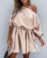 2021 autumn women elegant party dress skew neck pleated lace up asymmetric boho style casual loose daily mini dress with belt