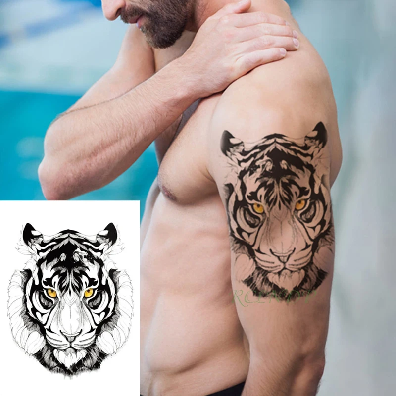 Водостойкая Временная тату наклейка тигр король голова животное желтые глаза