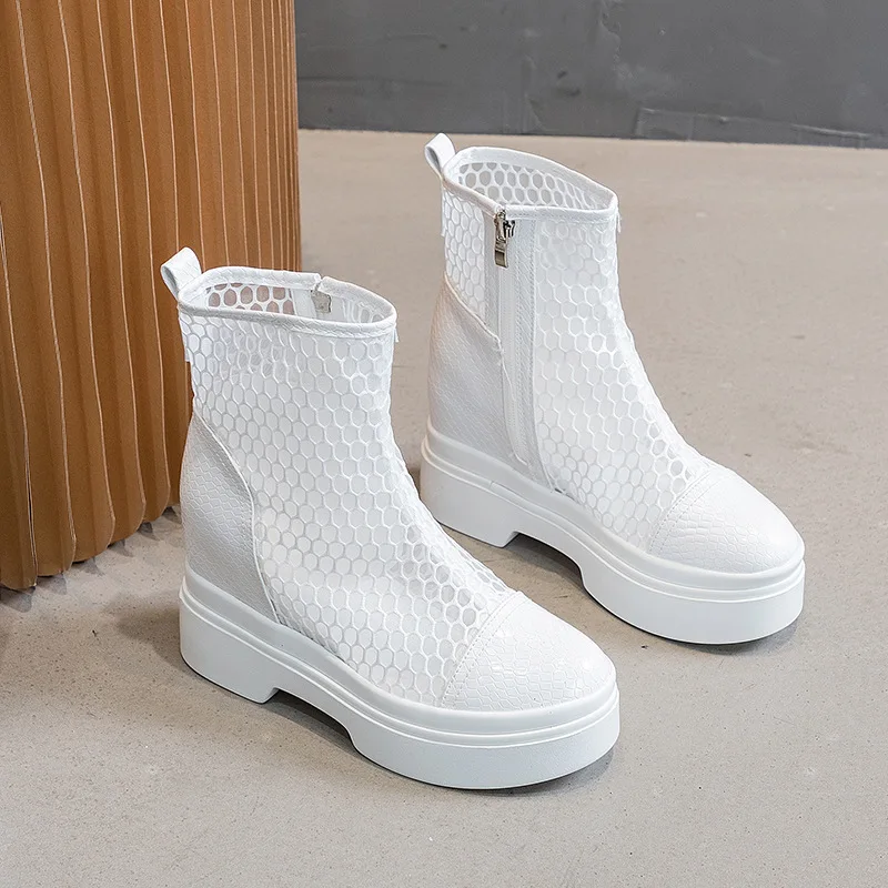 

Flat Platform Hollow Outs Mesh Women Boots Increased Internal Summer New Short Boots Thick Soled Ankle Boots Fashion Lady Shoes