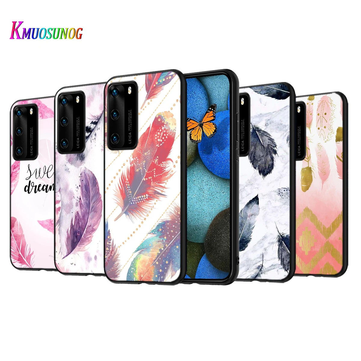 

Watercolor Painting Feathers Silicone Cover For Huawei P50 P40 P30 P20 Pro P10 P9 F8 Lite E Plus 2016 5G Black TPU Phone Case