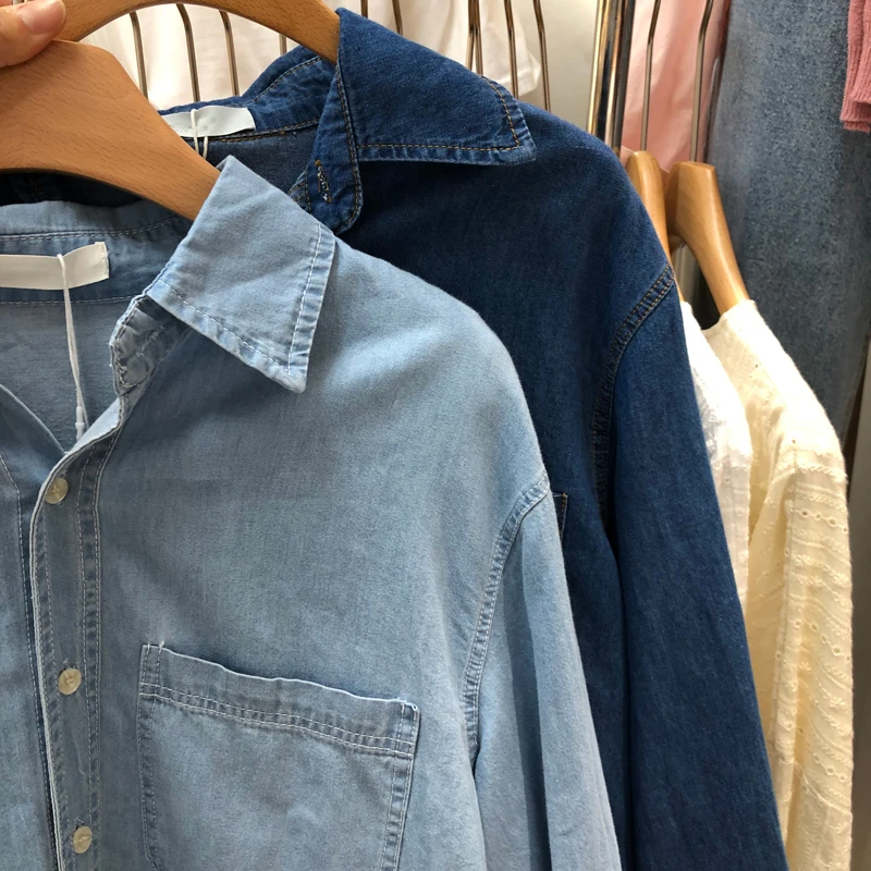 

Spring Simple Lmitation Denim Blouse Womens Buttoned Shirts New Soft All Match Blusas Mujer 2021 Long Sleeve Ladies Tops