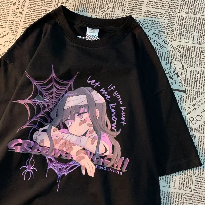 

Summer Gothic Aesthetics Loose Women T-Shirt Pek Black Grunge Street Ms Gothic Top T-Shirt Haajuku Clothes Y2K Anime Cartoon New