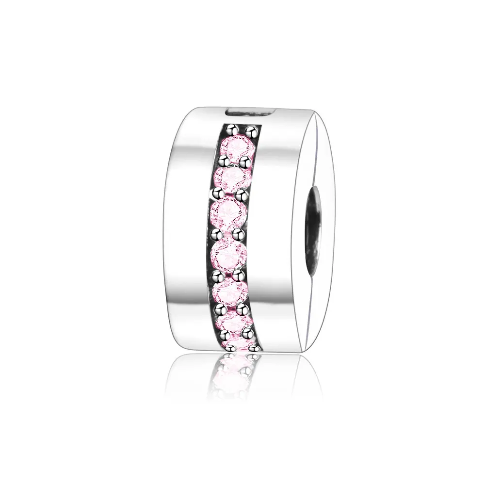 

Authentic 100% 925 Sterling Silver Pink Zircon Bead Charm Clip Safety Stopper Beads Fit Pandora Bracelets DIY Jewelry Wholesale