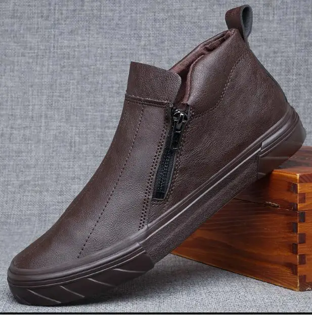 Коричневый autumn new fashion street cool men simple zipper pu leather casual shoes man trend leather shoes loafers - Цвет: Коричневый
