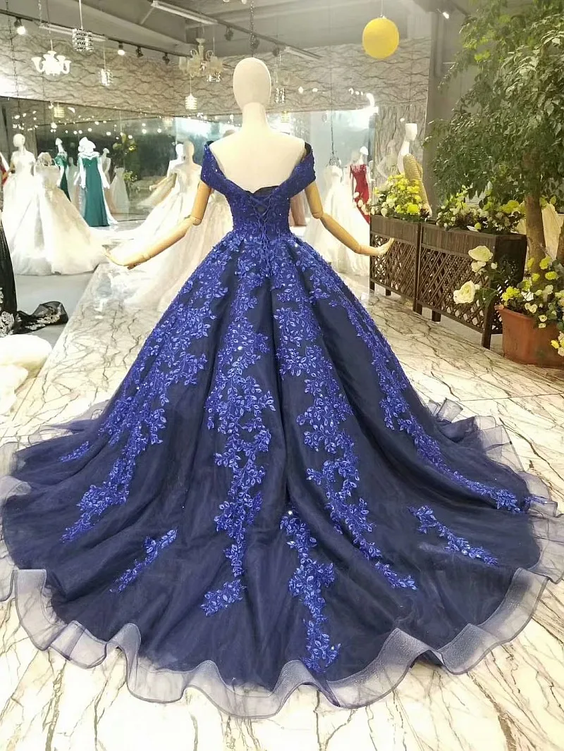 Navy Blue Luxurious Big Skirt Handmade Lace Wedding Dress Bridal Gown