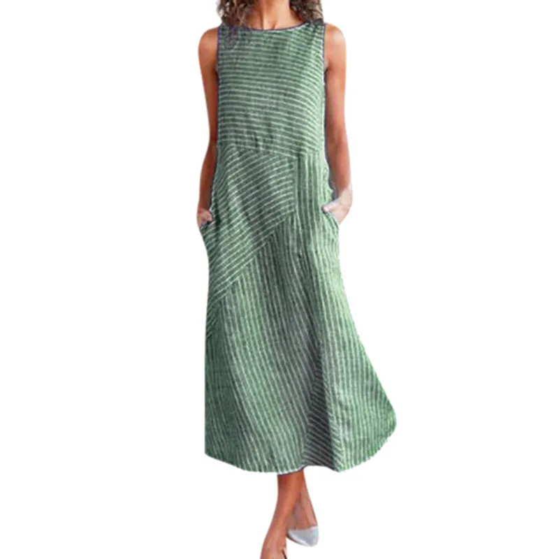 

2021 Women Summer Long Dress New Fashion Women Boho Striped Sleeveless Beach Style Strap Sundress Female Casual O-neck Dresses