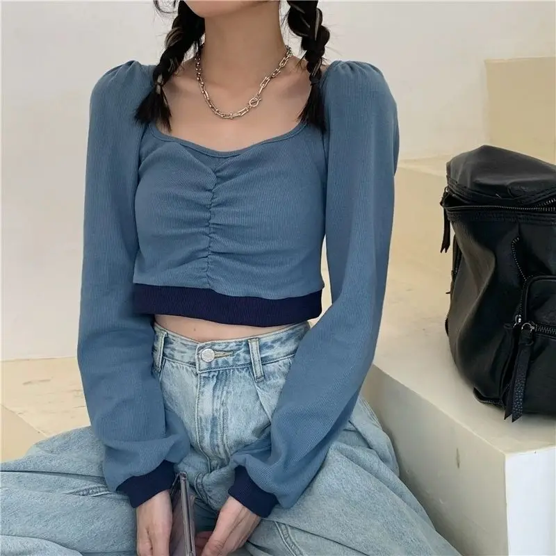 

Women Shirts Hot Sale Slim Square Collar Folds Casual Patchwork Long Sleeve Sweet Student Female Short Blouses