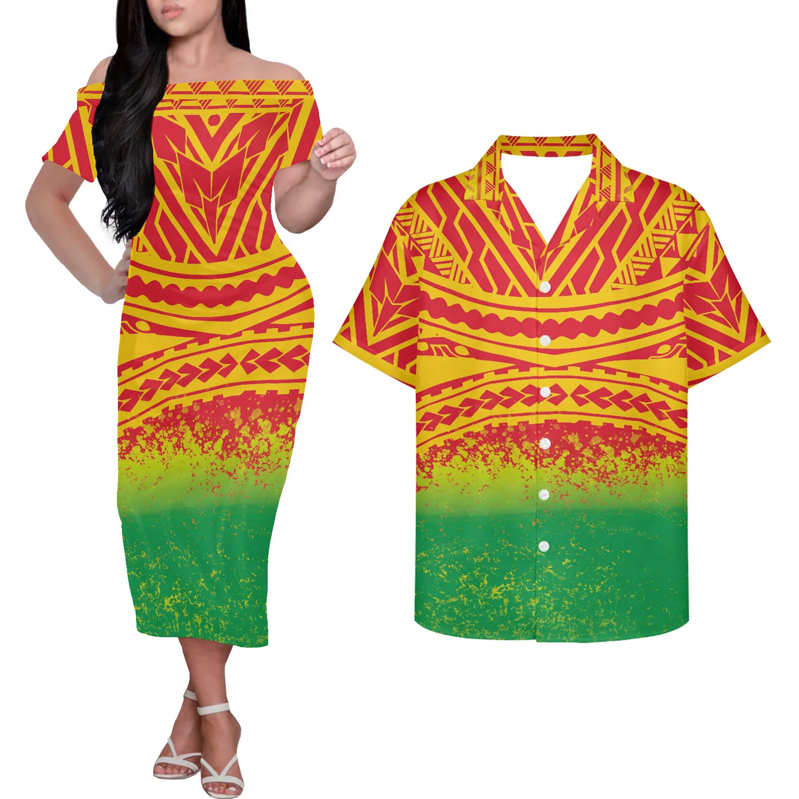

HYCOOL Plus Size Gradient Yellow Couples Matching Clothing Set Polynesian Off Shoulder Dress Match Men Shirt Custom Dress Women