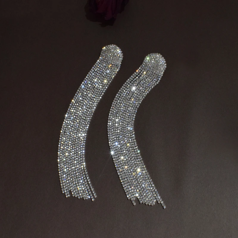

Fashion Silver Color Rhinestone Drop Earrings for Women Crystal Long Tassel Earrings statement Big Earring Wedding Wewelry Gifts