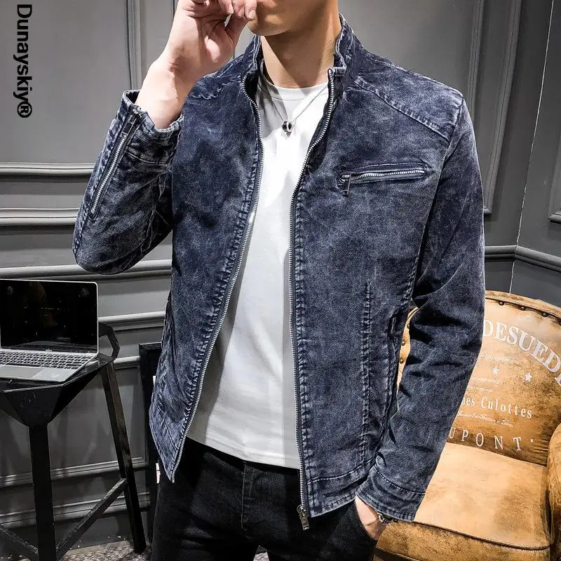 

Fashion 2021 Trend Demin Jacket Slim Fits Men Clothing Zipper Up Open Stitch Turn-down Collar Outerwear Male Skinny Denim Jacket