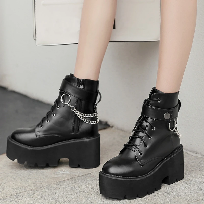 

New Sexy Chain Women Leather Autumn Boots Block Heel Gothic Black Punk Style Platform Shoes Female Footwear High Quality