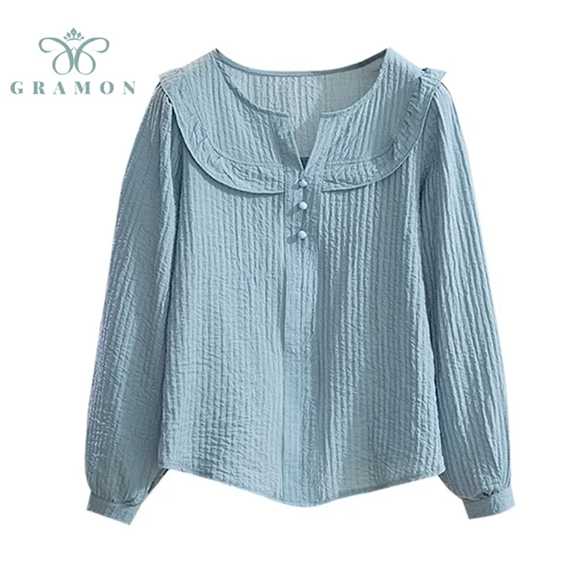 

Блузка женская с длинным рукавом, модная сорочка в Корейском стиле, однотонная универсальная элегантная офисная рубашка в стиле оверсайз, о...