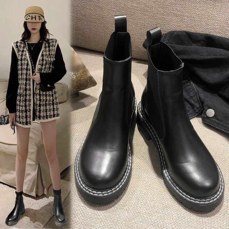 

Новинка Осень-зима 2021, красивые черные ботинки в британском стиле на толстой подошве с сеточкой, красные ботинки со шнуровкой, 2331